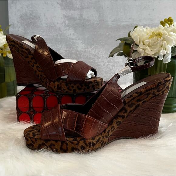 NEW RARE Spiegel Leather Platform Slingback Wedges Chocolate Leopard Sz 5.5 NWP - Picture 5 of 16